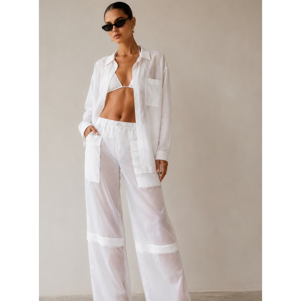 Maniere De Voir White Sheer Cargo Pants Organza Tiered Rope Hem Trousers NWT 12